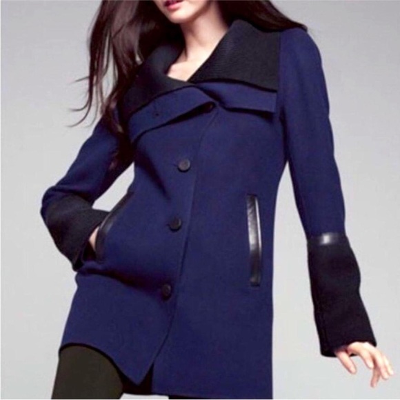 NWOT! Mackage Isabel Blue/Black Wool Cardigan/Coat/Jacket Ribbed Collar Small - Picture 1 of 16